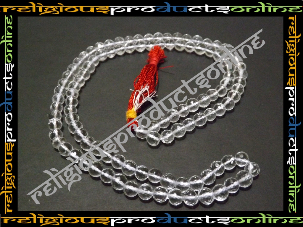100 Natural Sphatik Mala (Quartz Crystal) Diamond Cut (108+1 Beads) 5 mm
