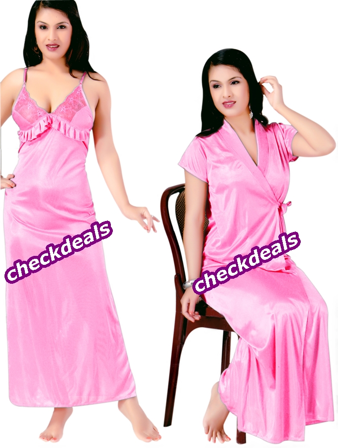 Designer Honeymoon Nightwear 2 Piece In Net And Satin Lycra Pink