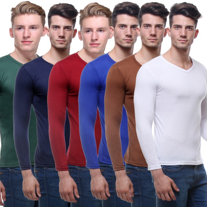 VSI Multicolor V-Neck Long Sleeve T-Shirt For Men (Pack Of 6)