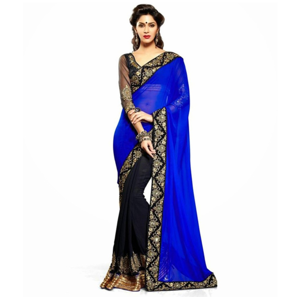 Buy Royal Blue And Black Georgette Embroidered Saree With Blouse Online ₹999 From Shopclues