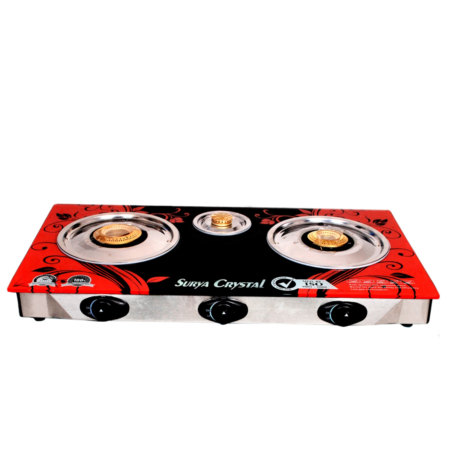 Buy Surya Crystal 3 Burners Automatic Glass Top Gas Cooktop Designer