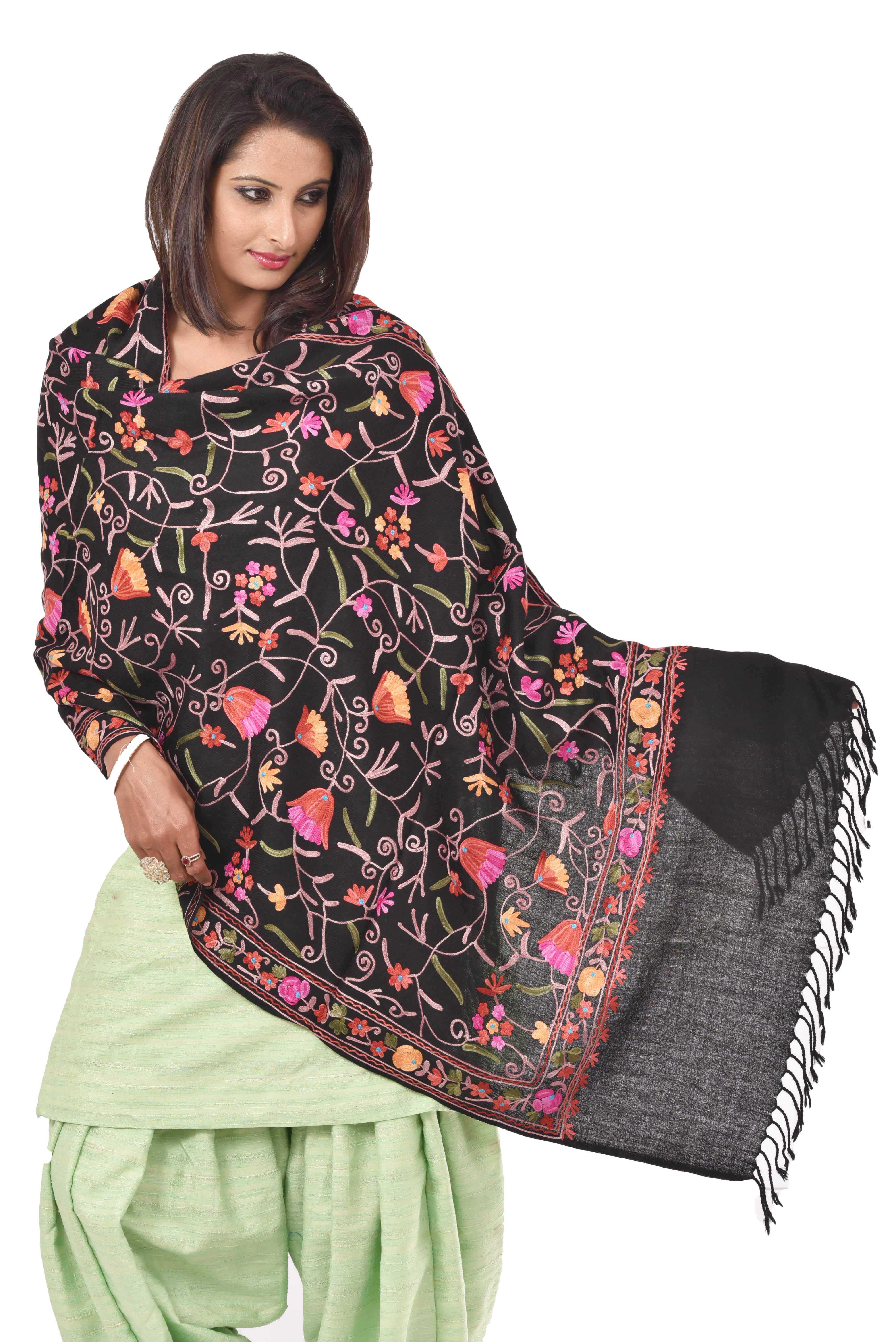 Weavers Villa Kashmiri Floral Embroided Black Woollen Shawl SK105-BLACK ...