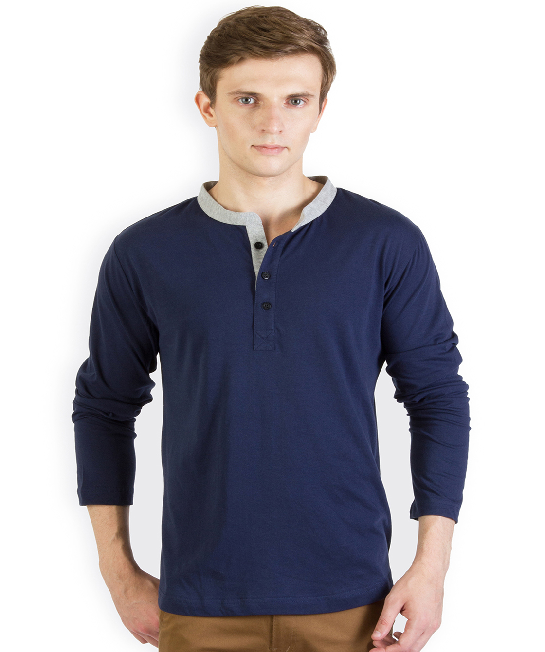 Navy Blue Mandarin Collar Henley T Shirt-Full Sleeve