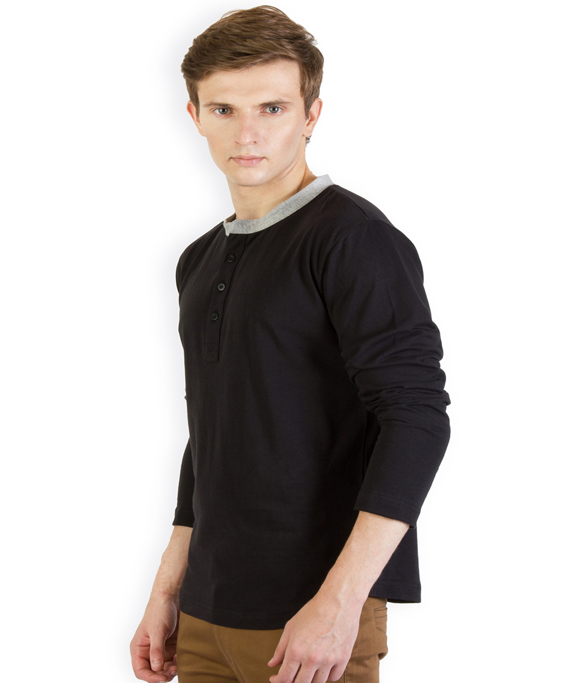 Black Mandarin Collar Henley T Shirt-Full Sleeve