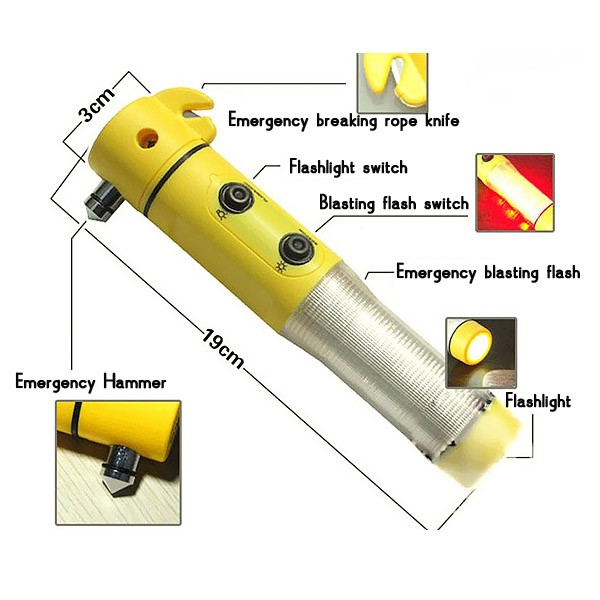 Emergency car tool kit with flashlight, safety hammer, warning light