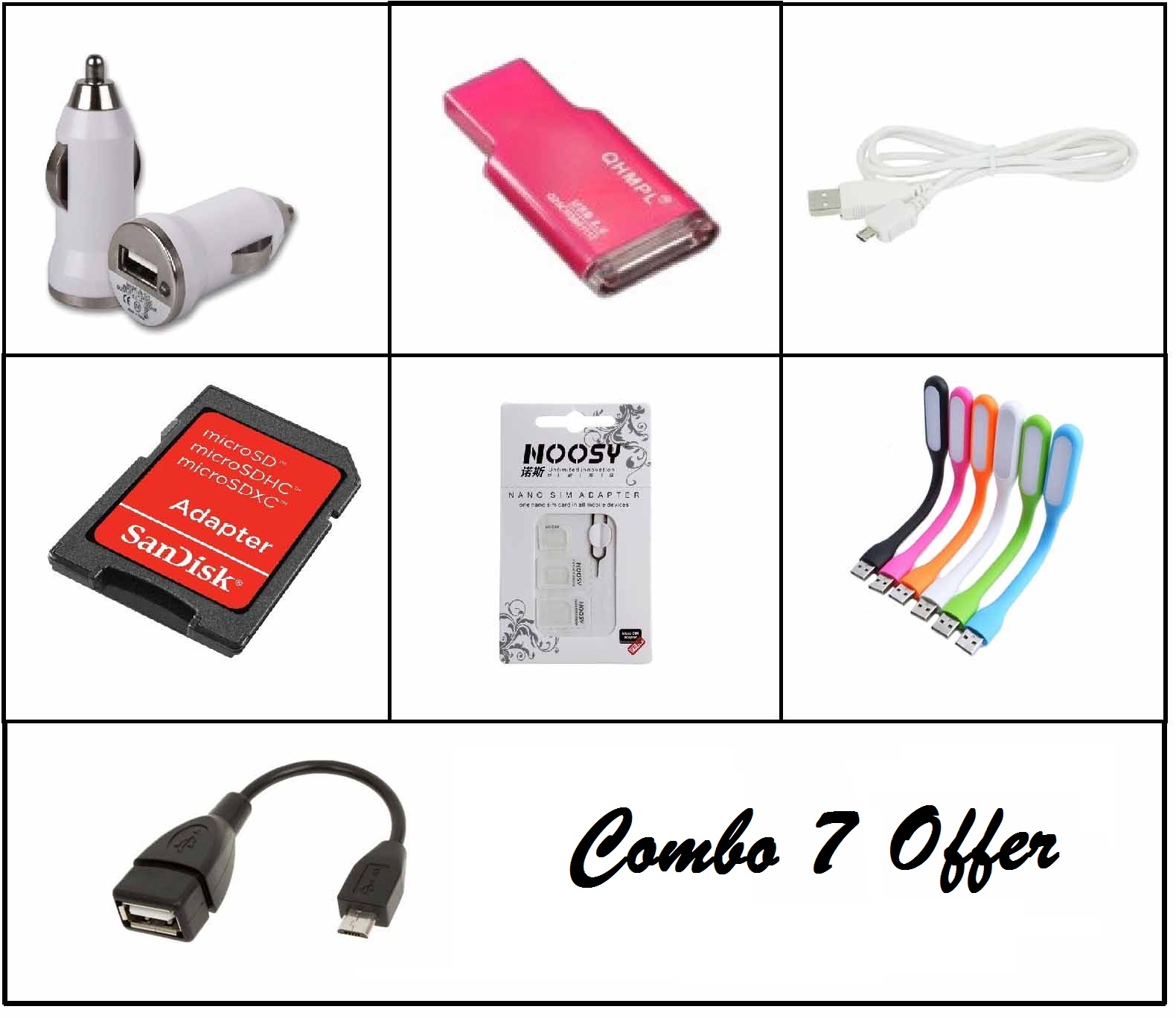 Buy Mobile Accessories Combo 7 (Otg+Usb Cable+ Car Charger+ Usb Light ...