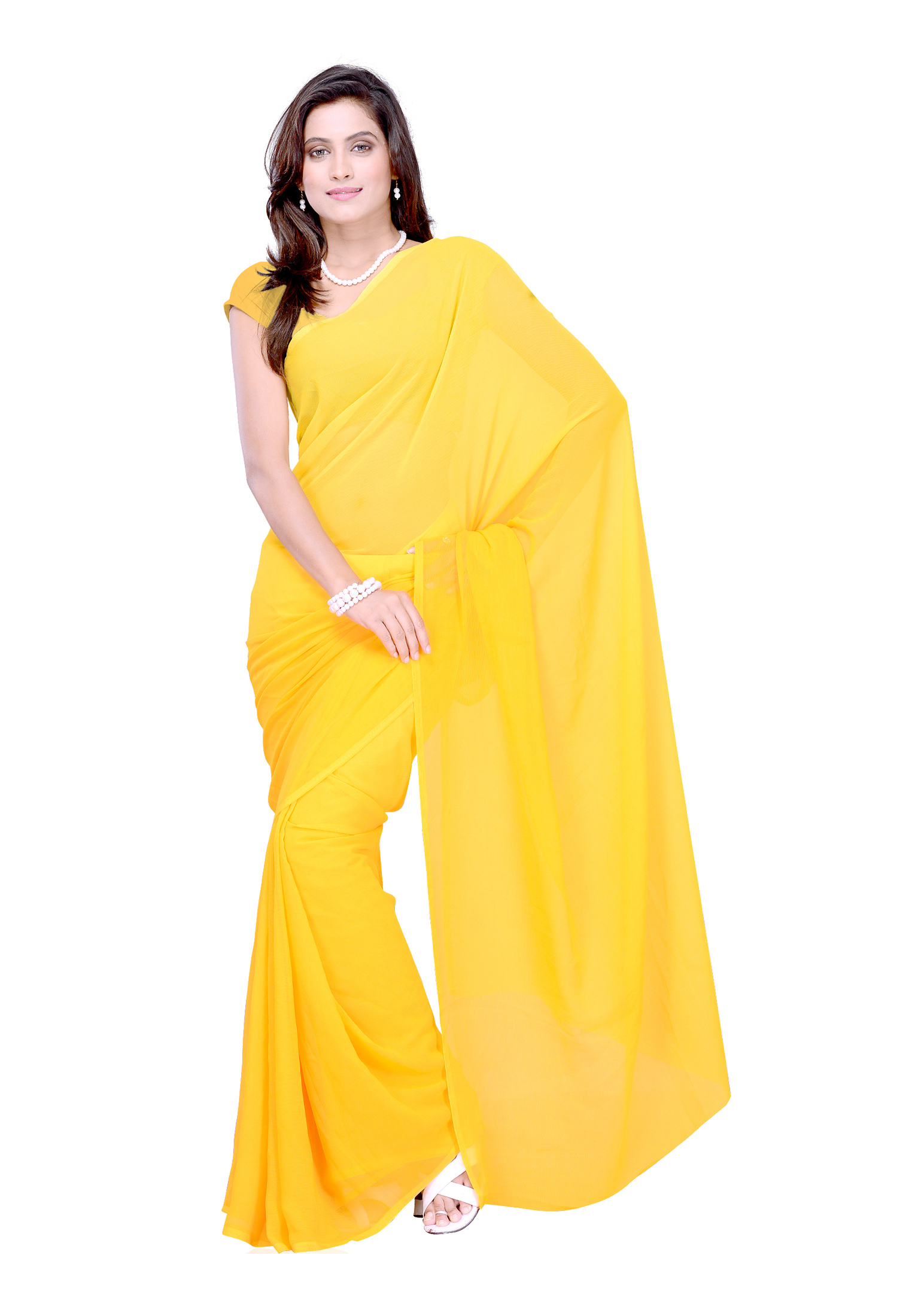 Yellow Pure Chiffon Block Print Saree with Blouse