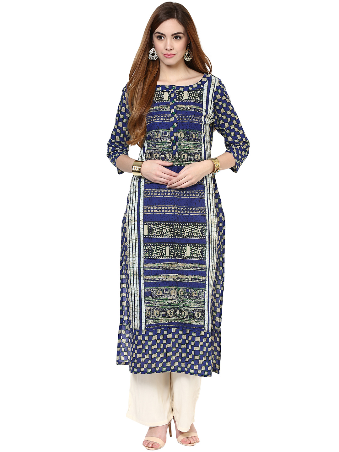 Buy Jaipur Kurtis Straight Asymmetric Blue Cotton Kurta Online ₹999