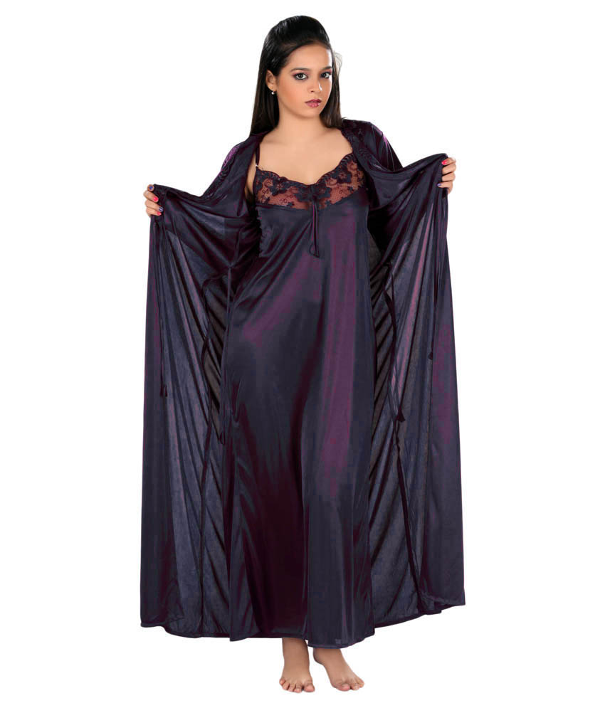 Buy Swarna Beautiful Black Satin Nighty With Robenighty Suitnight Gawnmaxinight Dress Online 