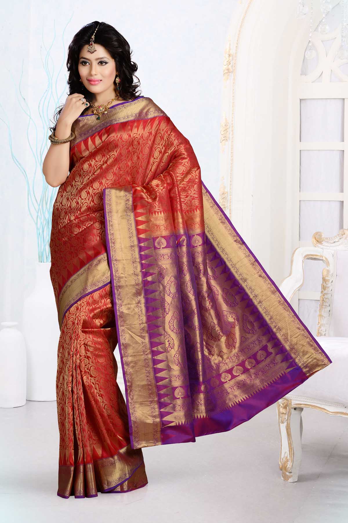 Shop Samyakk Orange Color Kanjeevaram Silk Saree Sr4022 Online Shopclues 9297