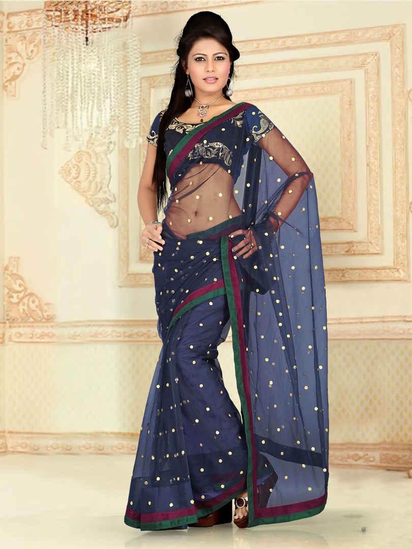 Snuggle Spot Women's Cotton Printed Saree With Unstitched Blouse 5.5Mtr (Navy Blue)