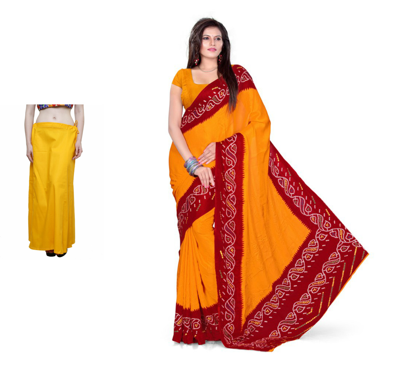 Buy Traditional Prints Saree with Stiched Petticoat (Combo) Online ...