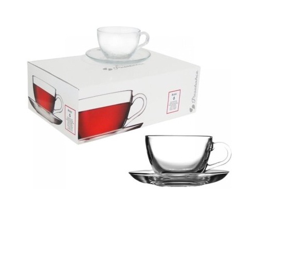 Service 6 Tasses 200ml + 6 Soucoupes Pasabahce Basic Halolux En Verre Trempé