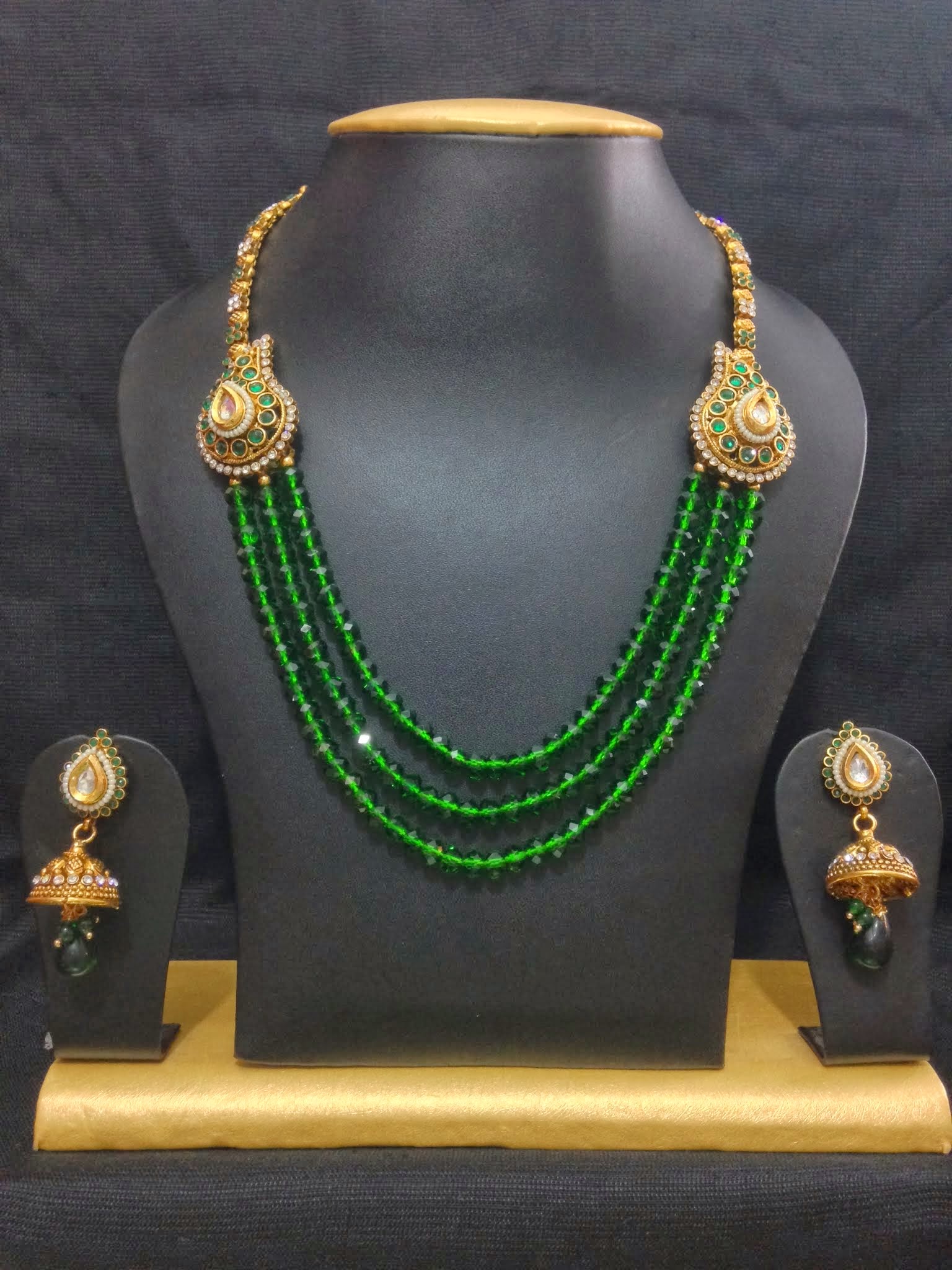 Fusion Haram Jewelry Set In High Gold Polish And Green Crystal Beads