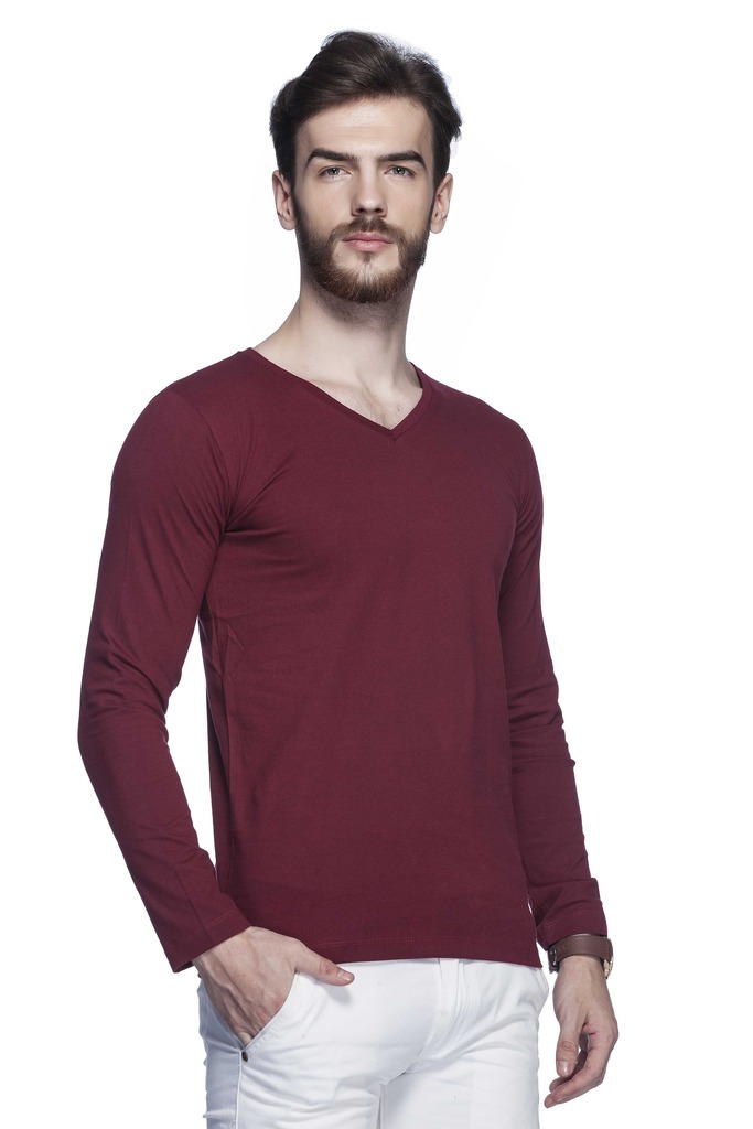 Buy Tinted MenS Maroon Solid V-Neck Full Sleeve T-Shirt (TJ101CLF ...