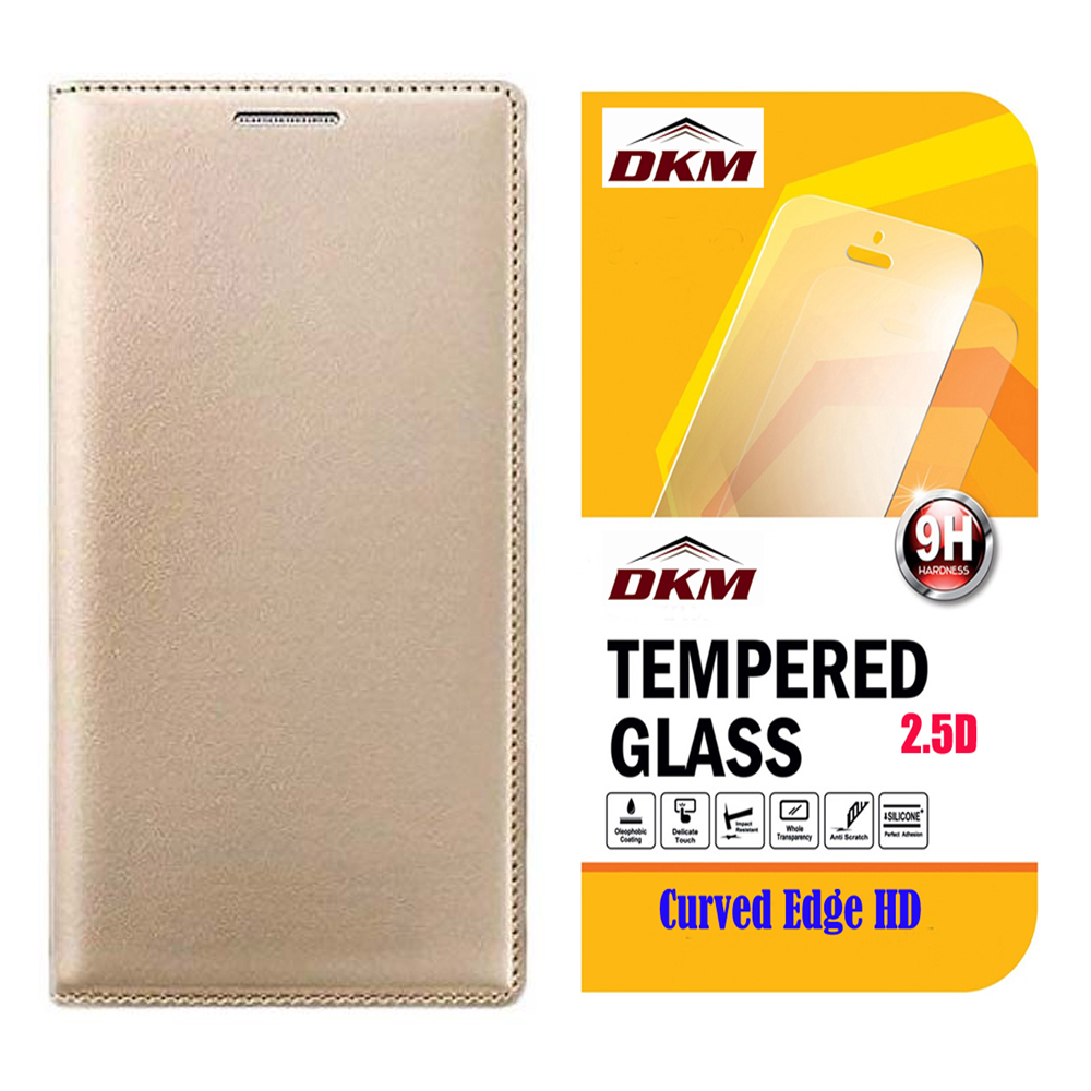 Golden Leather Flip Cover for Lenovo Vibe K5 Plus with 25D HD Tempered Glass