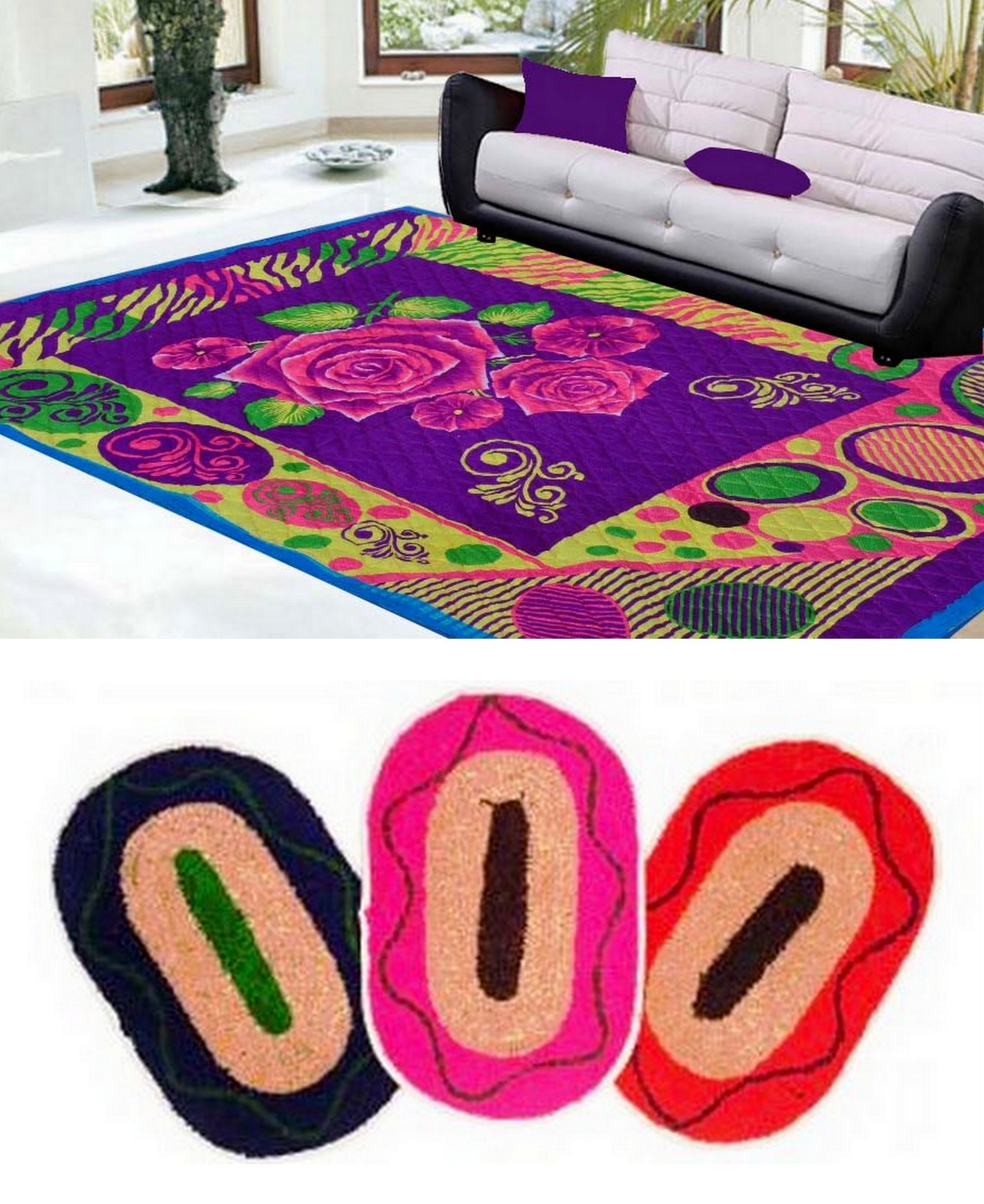 Buy Handloomtrendz Polyester Quilted Carpet With 3 Door Mat Purple 4
