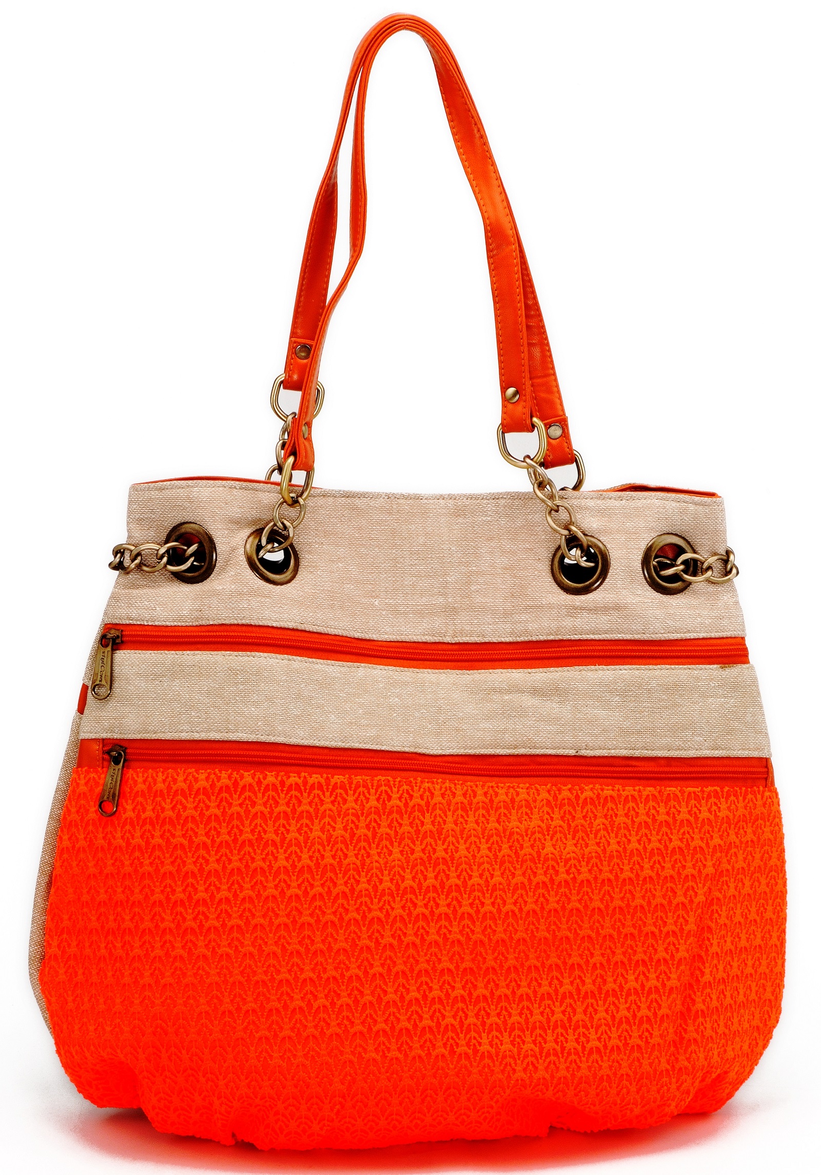 Ladies Jute Bags Multiple Zipper Orange Handbag Fancy Bag By Stylocus