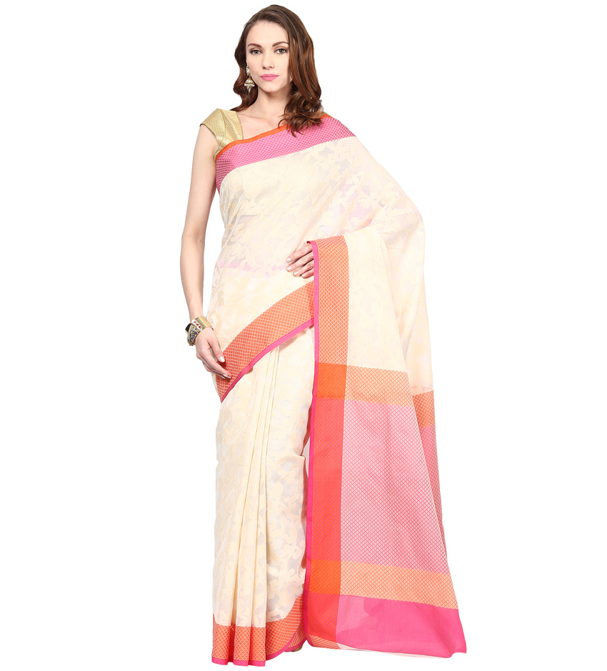 Buy Off White Banarasi Supernet Saree With Resham Work Online @ ₹1959 