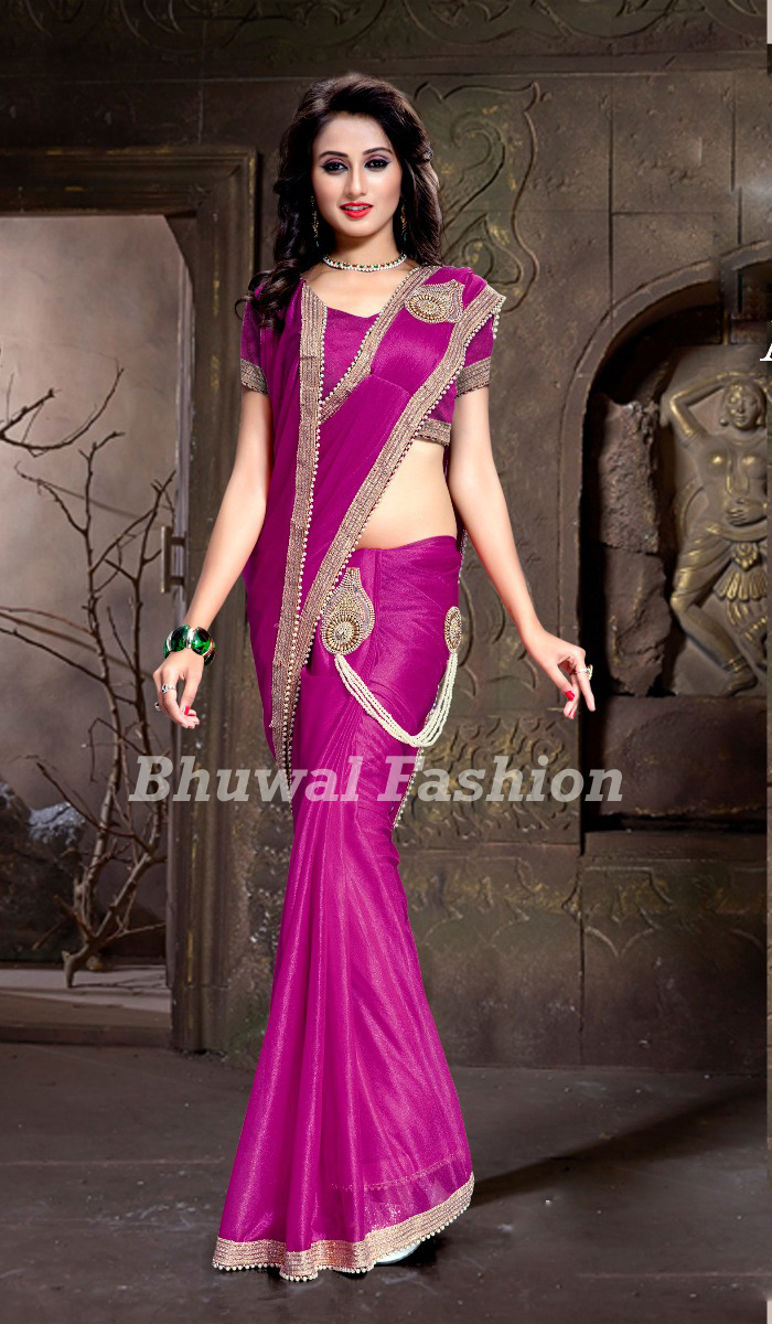 Bhuwal Fashion Pink Lycra Self Design Saree With Blouse