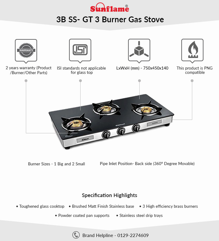 Buy Sunflame Diamond 3B SS GT 3 Burner Gas Stove Toughened Glass Top