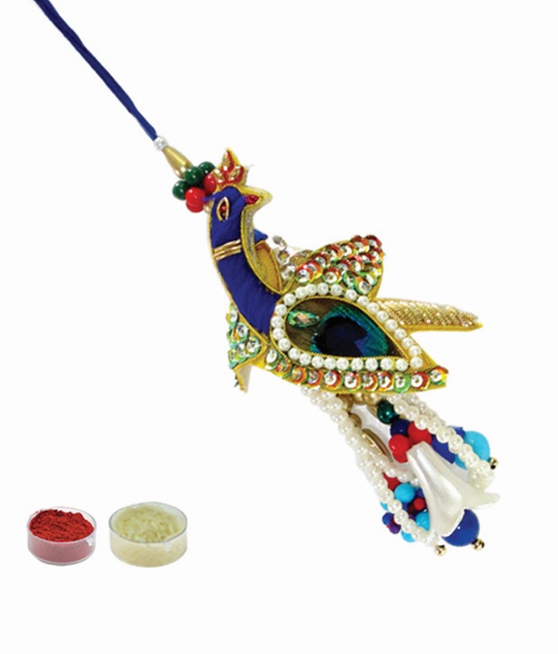 VIBHAVARI Peacock Rakhi For Brother With Tilak & Greeting Card - Handcrafted Rakhi For Rakshabandhan