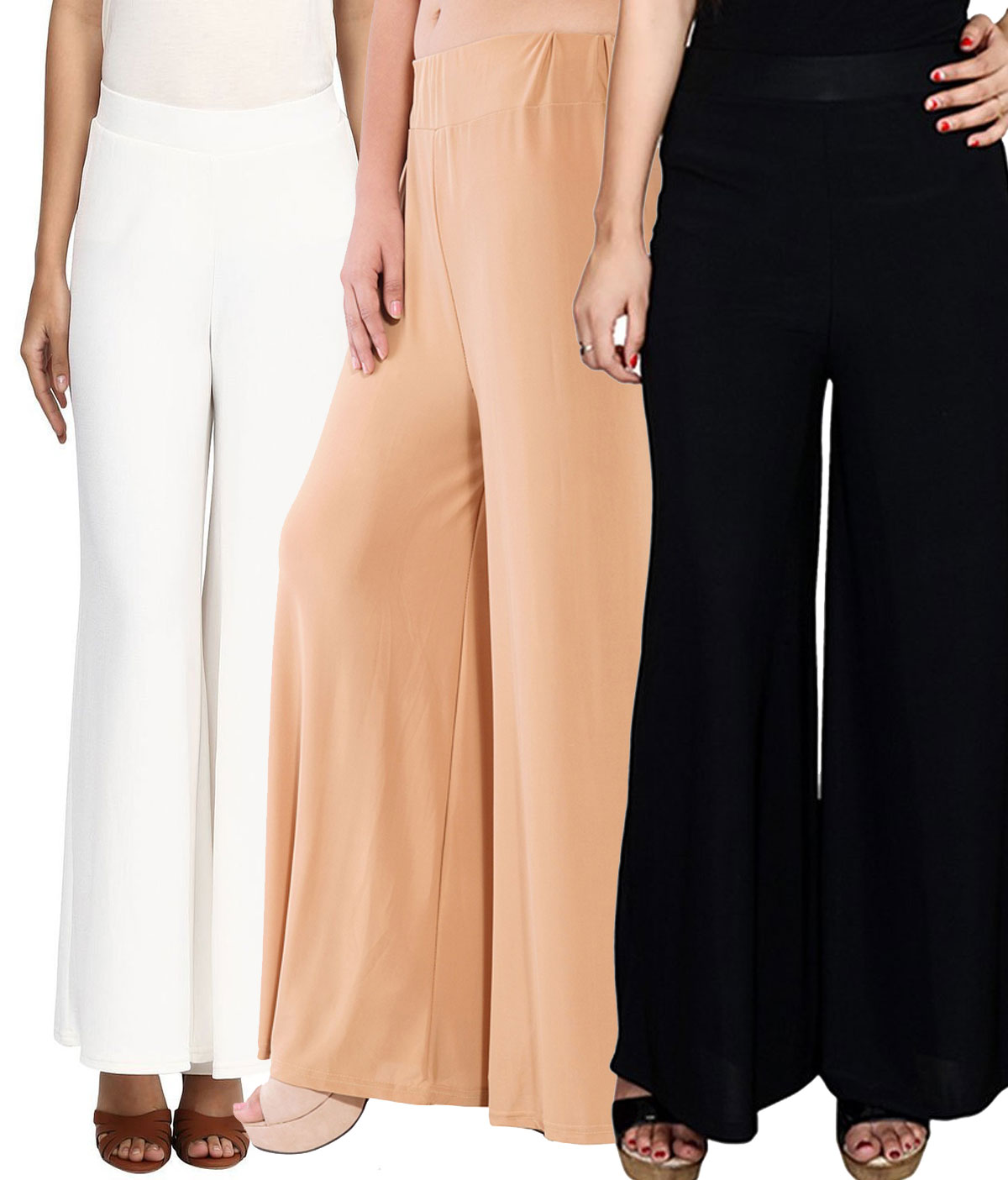 Buy SNP White ,Beige Black Long Palazzo, Pants trousers Pack of 3 ...