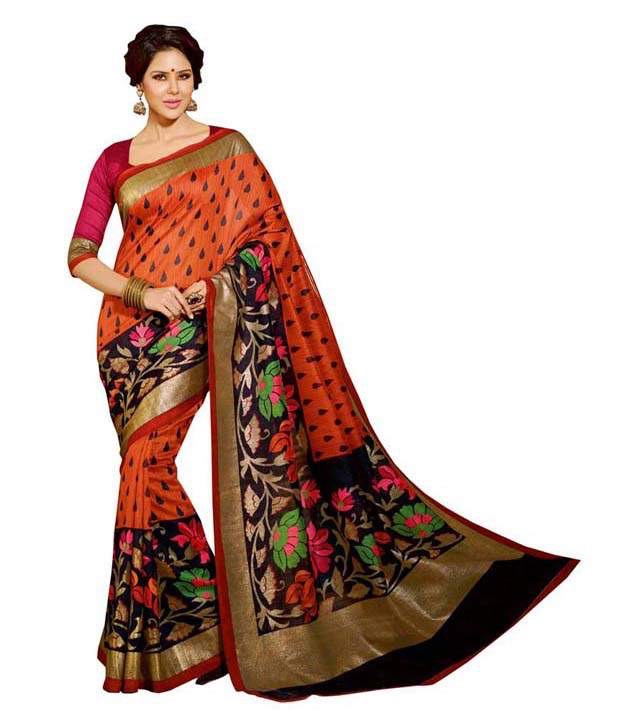 Buy RITI RIWAZ Orange Silk Plain Saree With Blouse Online @ ₹349 from ...