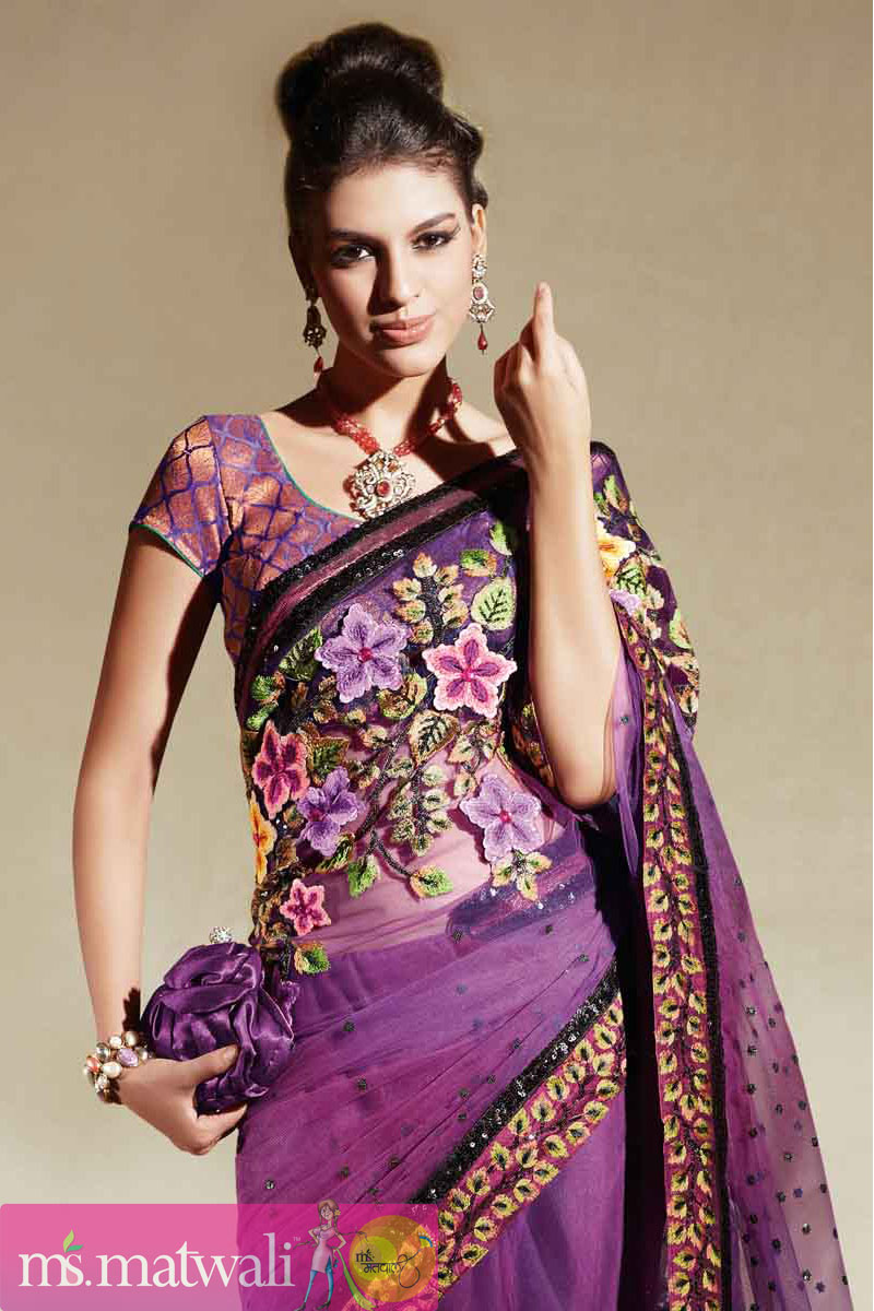 Purple Faux Chiffon Saree With Corn Flower Lace Border | Buy Sarees