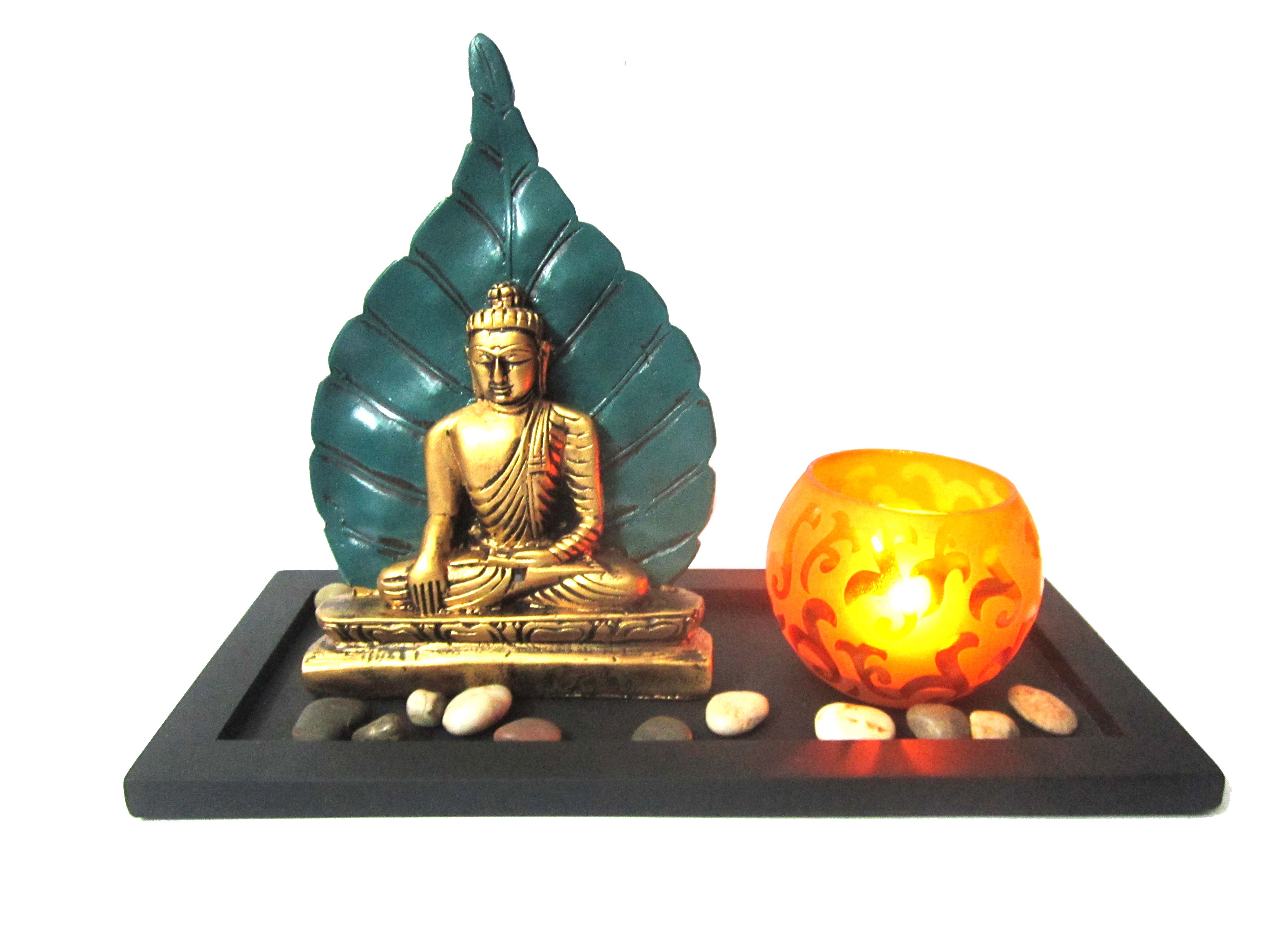 Buy Buddha Leaf on Tray with Yellow Lights Pebbles Online @ ₹1100 from