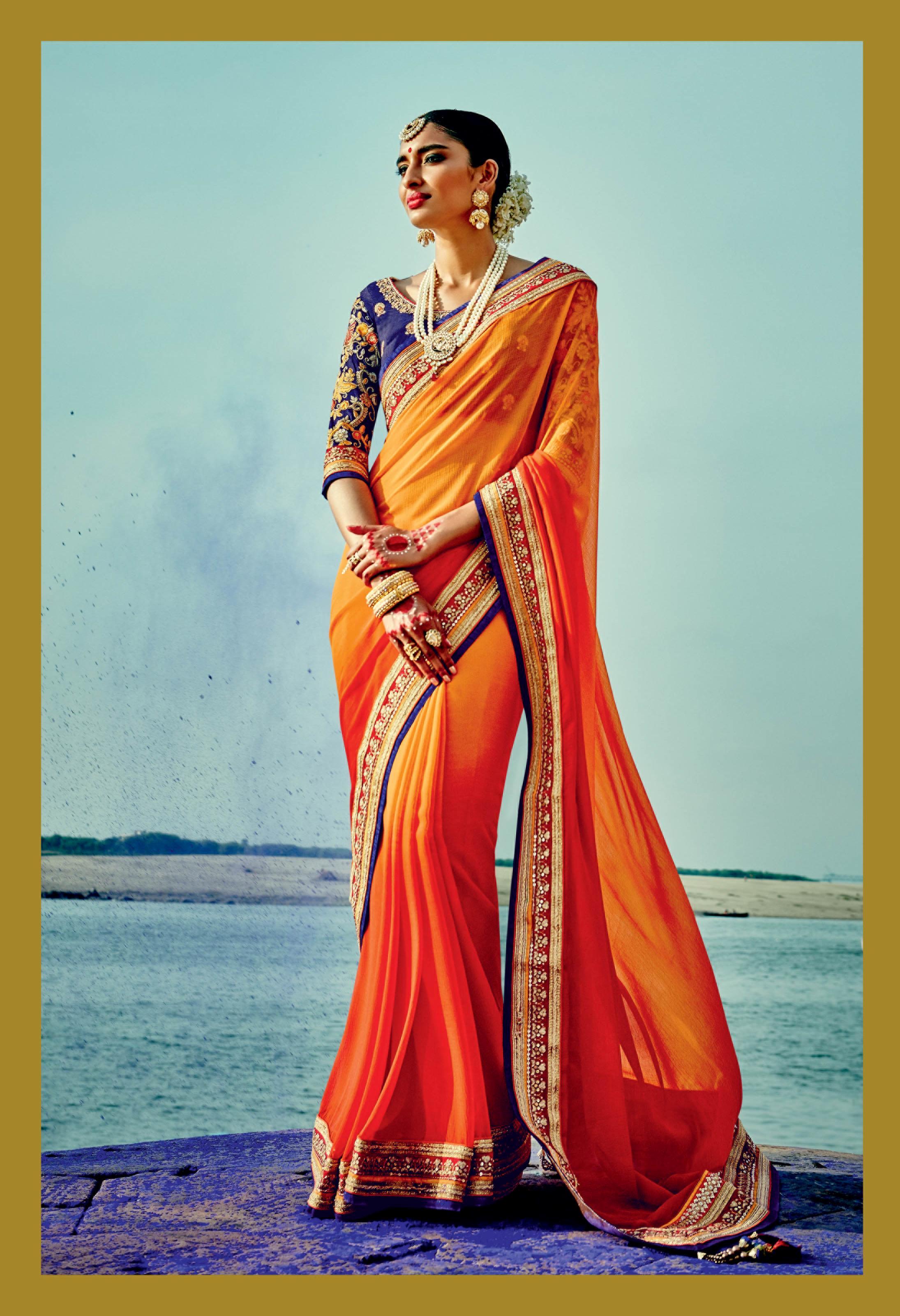 Buy Nargis Fashion Orange,Yellow Plain Chiffon Saree Online @ ₹4060 ...