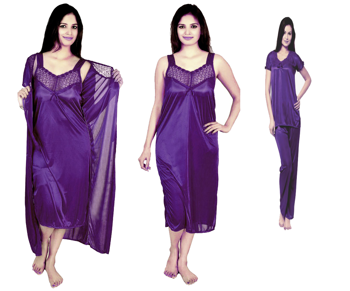 Buy Rame Puurple Colour Satin 4 Pc Sexy Night Wear Nighty Womens