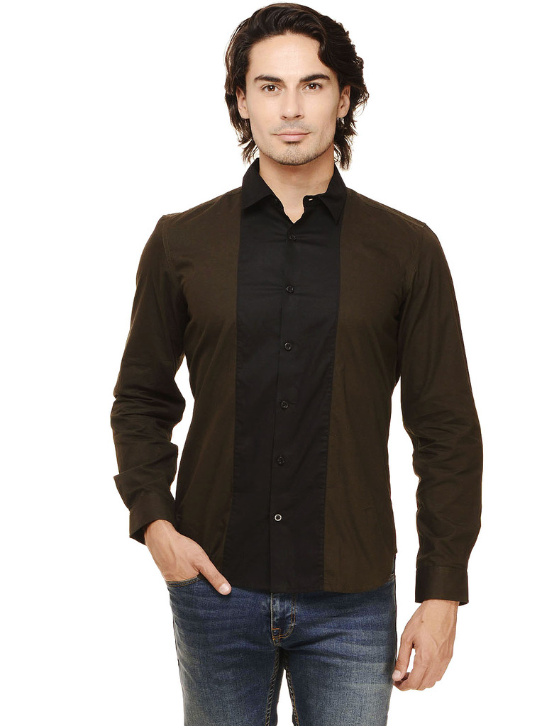 Men's Olive Standard Slim Fit Striped Printed Casual Shirt
