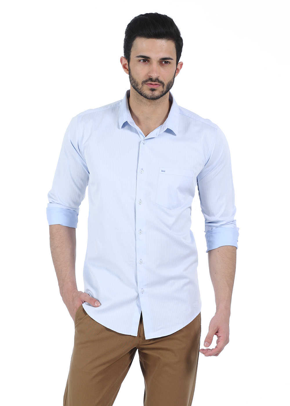 Buy Basics Slim Fit Powder Blue Herringbone Twill Shirt Online @ ₹800 ...