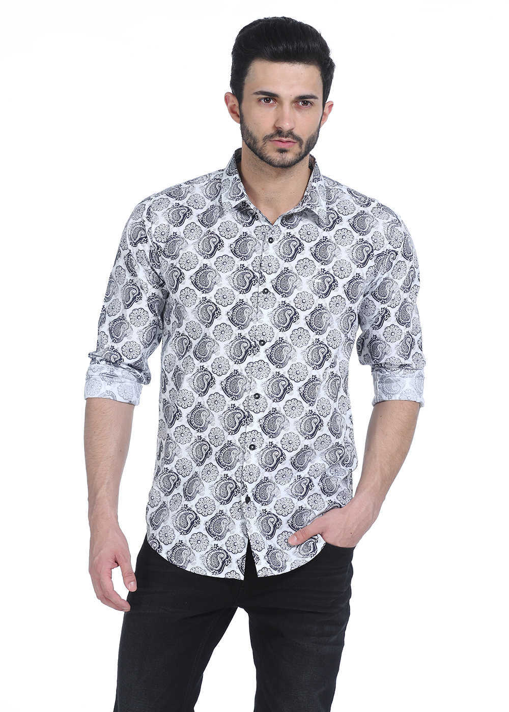 Buy Basics Slim Fit Black Bean Printed Cambric Shirt Online @ ₹800 from ...