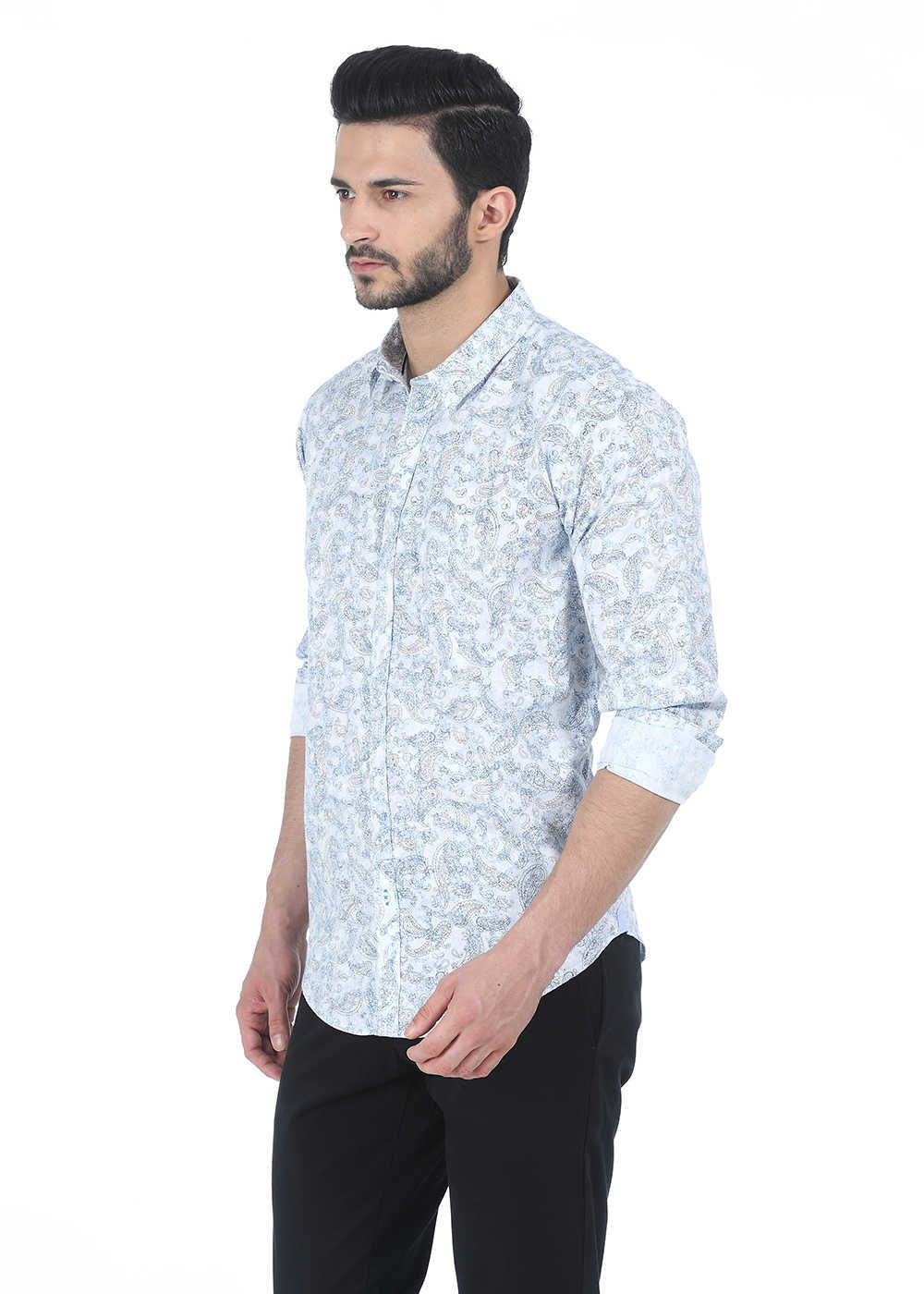 Buy Basics Slim Fit Ballad Blue Printed Cambric Shirt Online @ ₹800 ...
