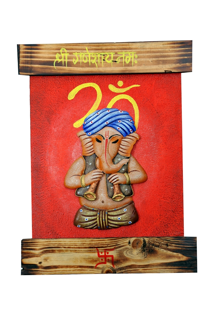 Wrought Iron Ganesha on Colorful HandPainted Wooden Frame wall Hanging