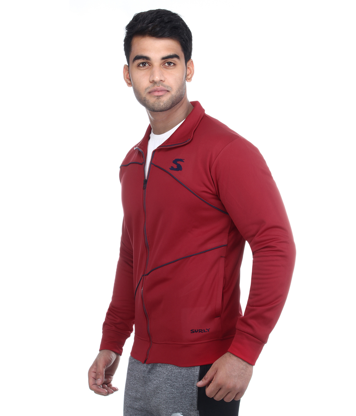 Buy Surly Red Navy Piping Bonded Fleece Jacket Online @ ₹999 from ShopClues