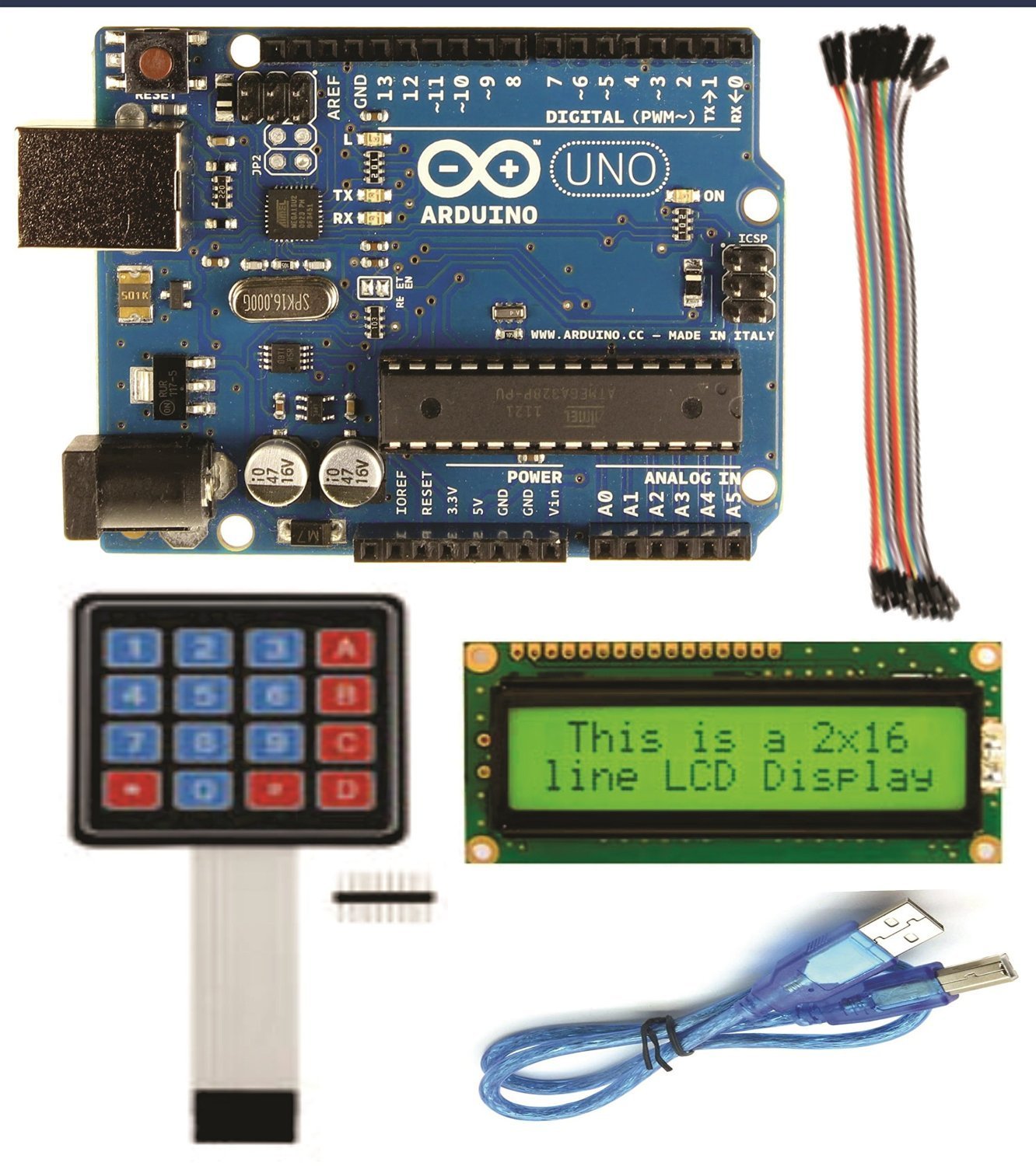 Arduino UNO with pack of( LCD ,Usb cable,keypad,20 female to female ...
