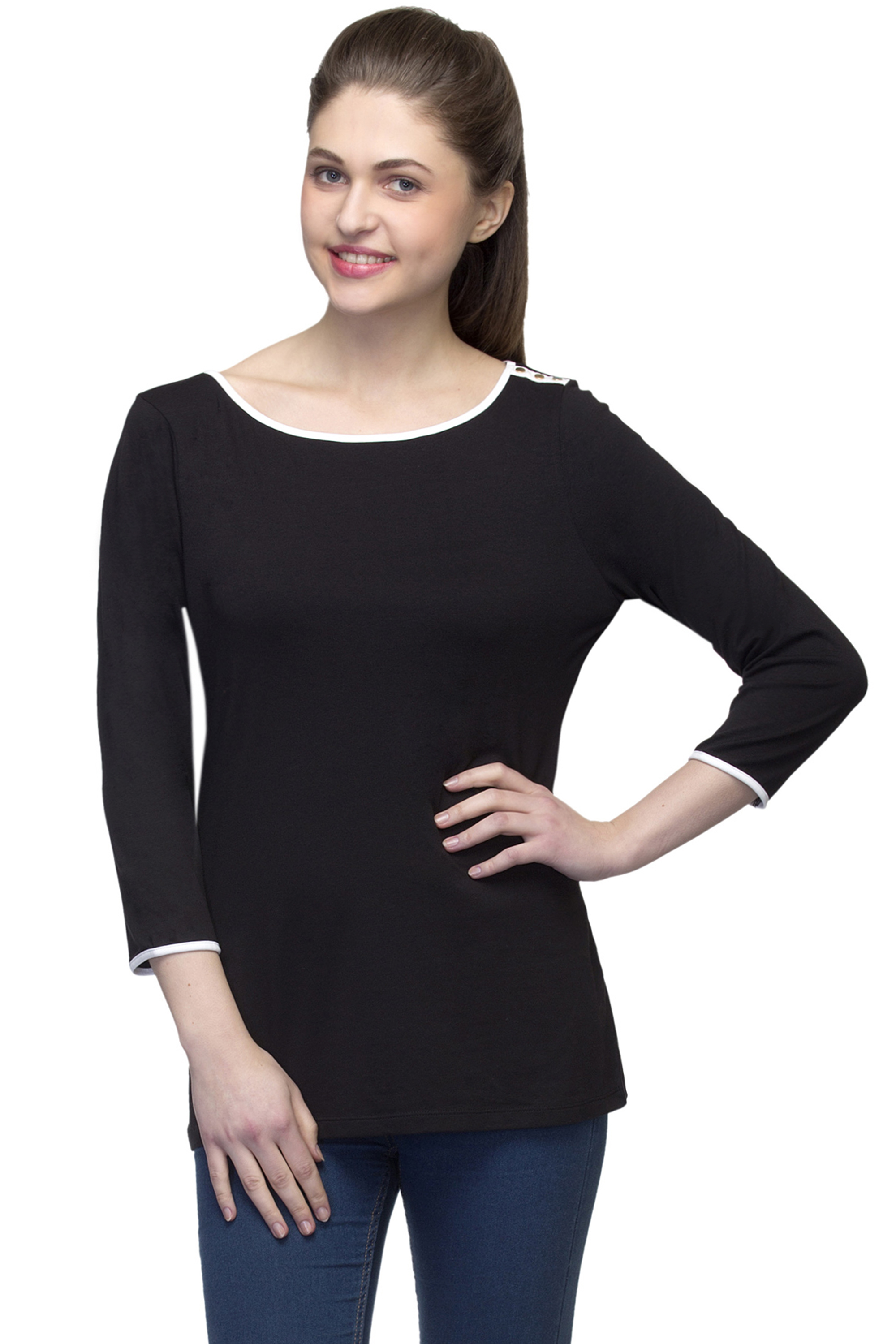 Buy One Femme Women S Solid Black T Shirt With White Piping Border