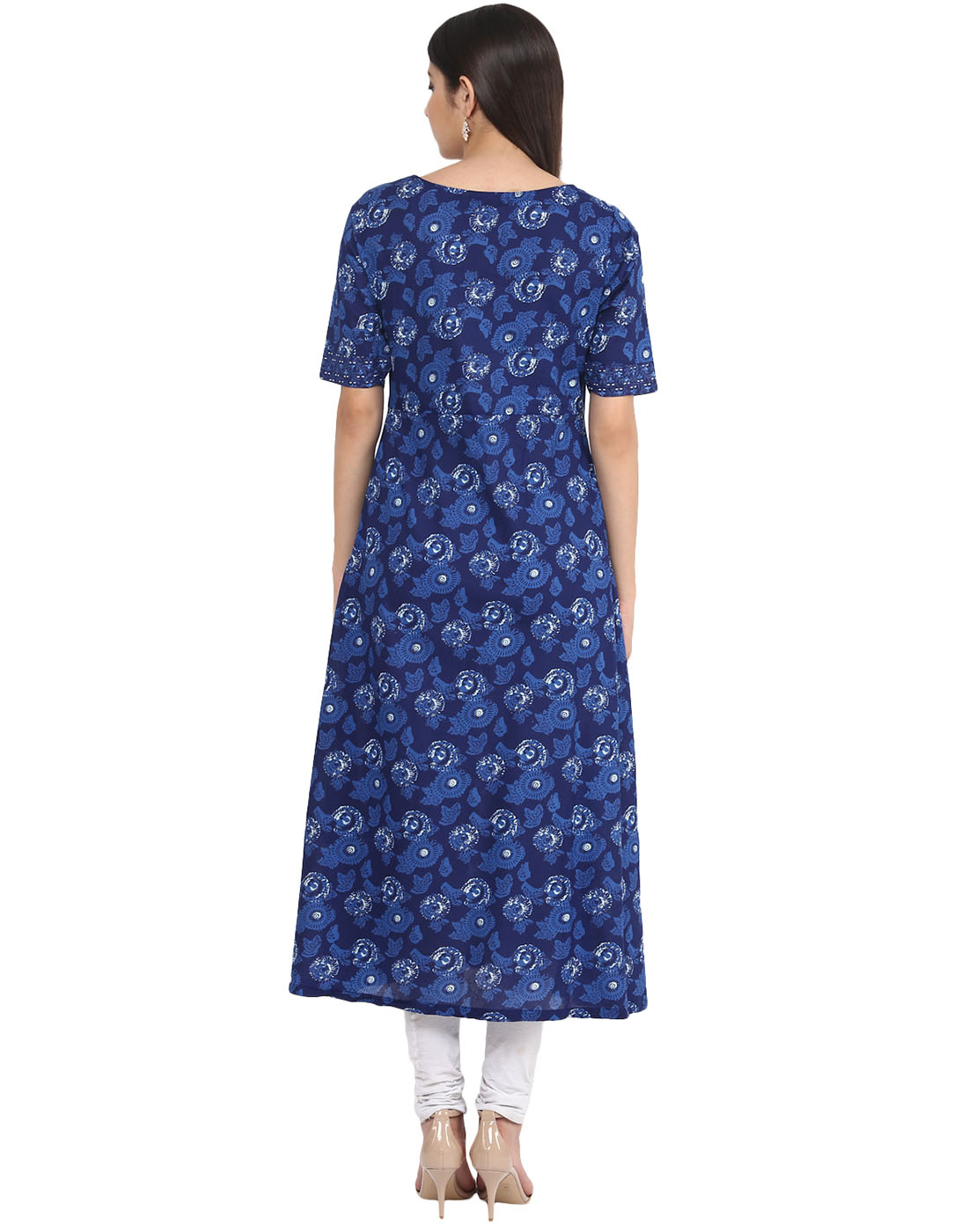 Buy Jaipur Kurti Indigo Embroidered Round Neck Half Sleeve Cotton Kurta