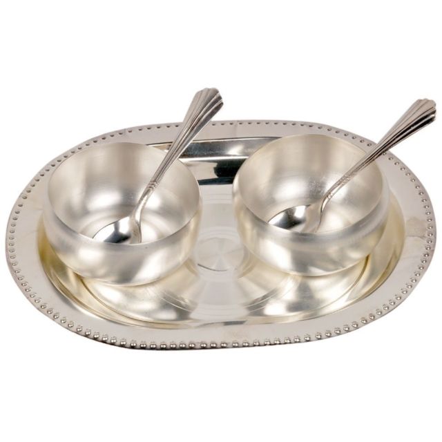 Rastogi Handicrafts Silver Polish Brass Bowl, Spoon and Tray Set  334, Silver 