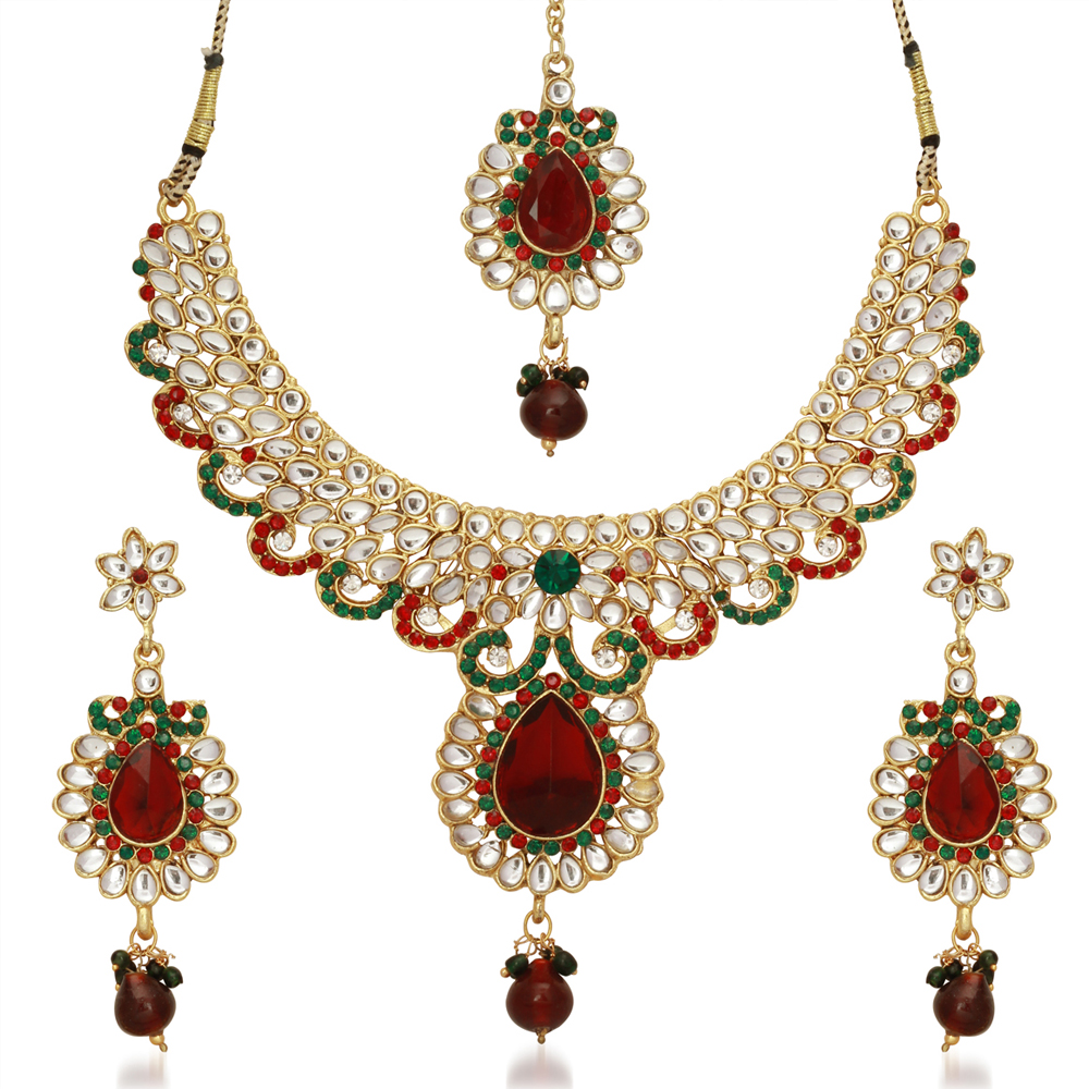 Buy Kriaa By Jewelmaze Zinc Alloy Gold Plated Maroon And Green Austrian Stone Kundan Necklace 