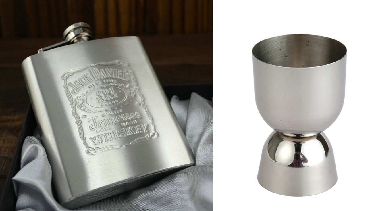 Shop Hip Flask ( Jack Daniels ) + Peg Measurer 30 / 60 ML Measure