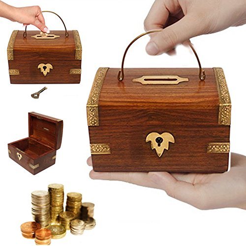 Buy Wooden Money box with key lock, piggy bank, coin box Online ₹3198