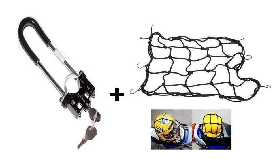 Combo Of Bike Front Wheel Lock + Cargo Bungee Net in Black Colour.