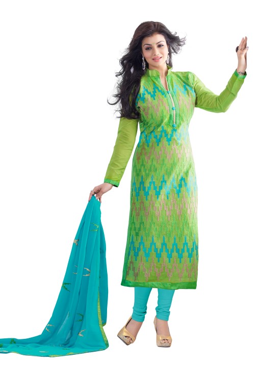 DnVeens Blue and Green Embroidered Chanderi Salwar Suit Material  Unstitched 
