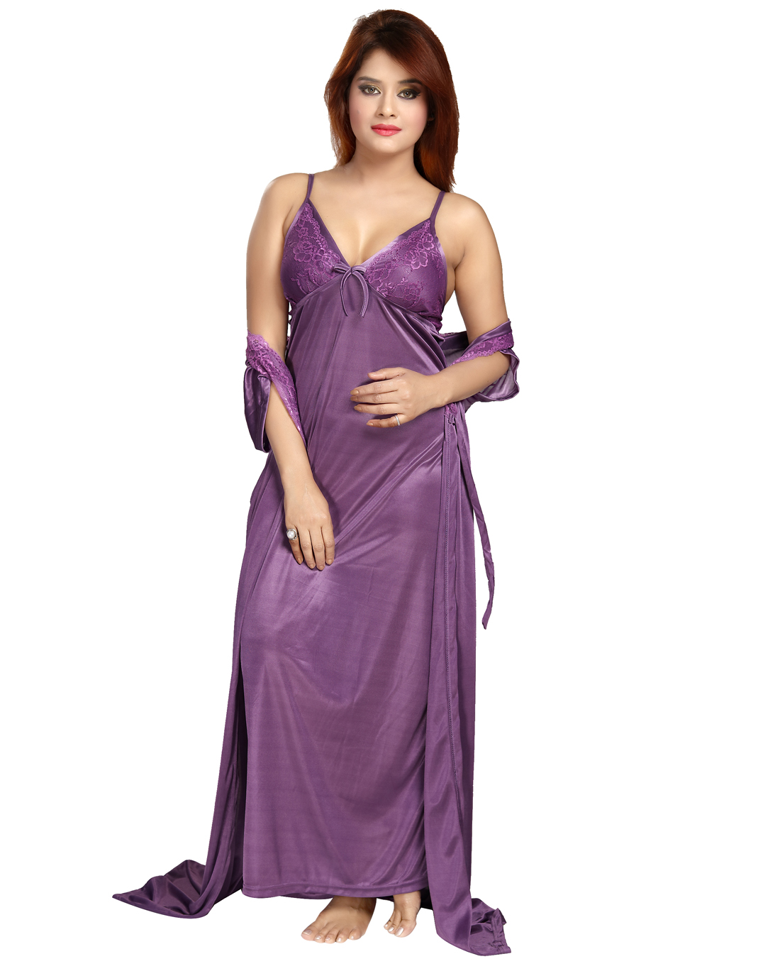 Buy Be You Fashion Women Satin Purple Lace 2 piece Nighty Set Online ...