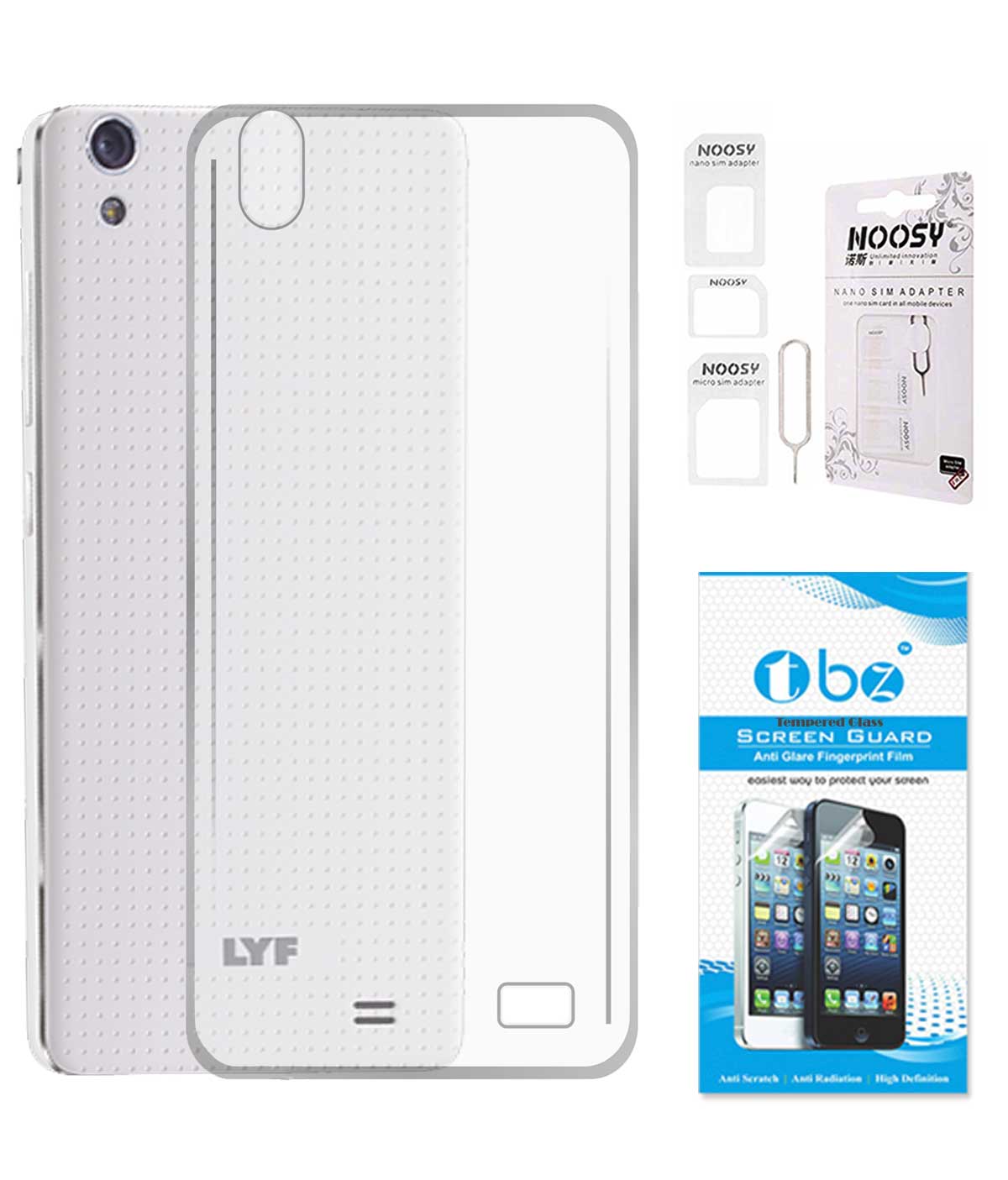 TBZ Transparent Silicon Soft TPU Slim Back Case Cover for Lyf Water 4 with Nossy Sim Adaptor and Tempered Screen Guard