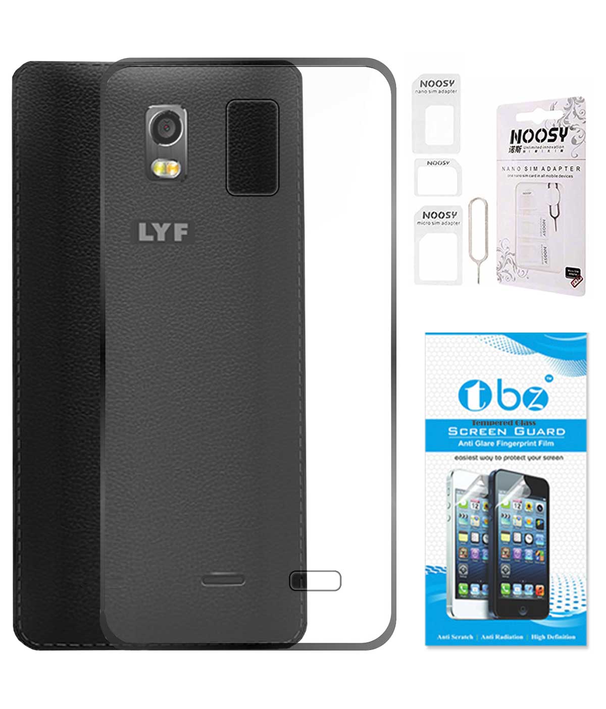 TBZ Transparent Silicon Soft TPU Slim Back Case Cover for Lyf Water 10 with Nossy Sim Adaptor and Tempered Screen Guard